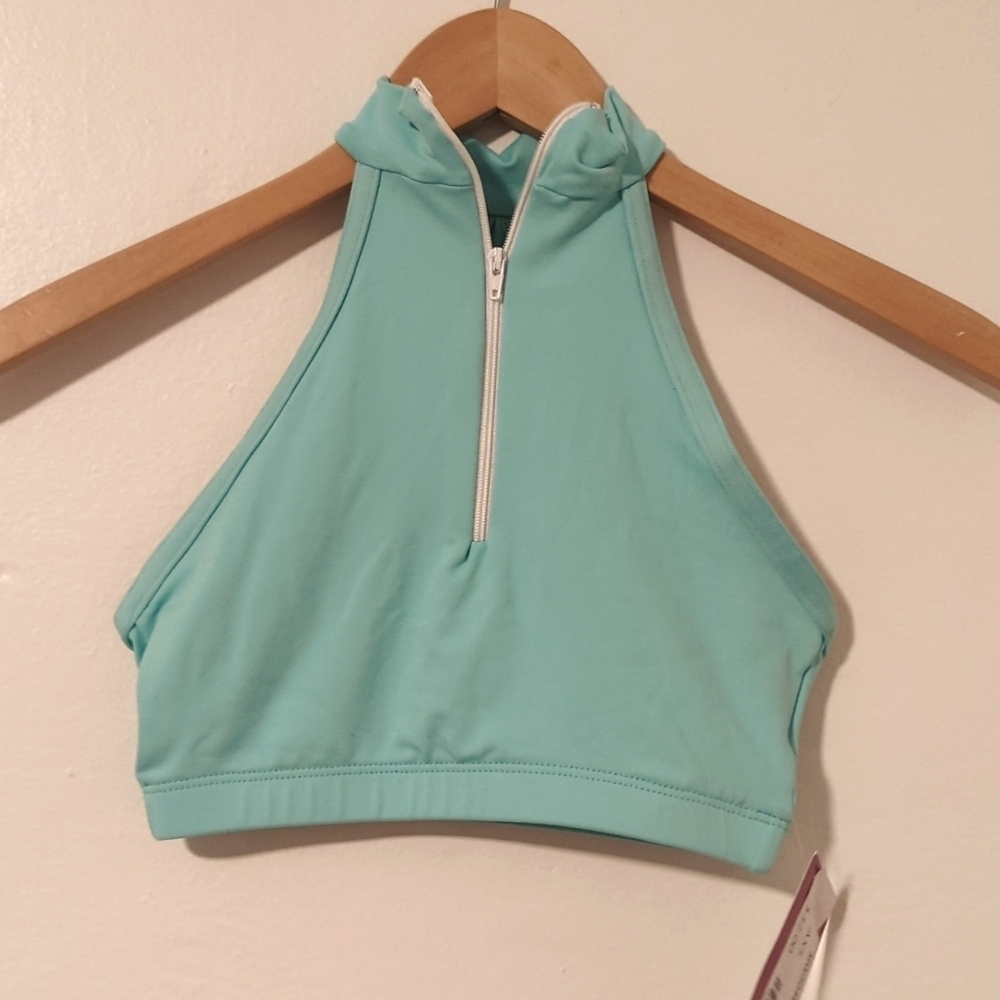 New Motionwear Zip Halter Dance Cheer Yoga Bra Top - Teal Sea Green Aqua size XS